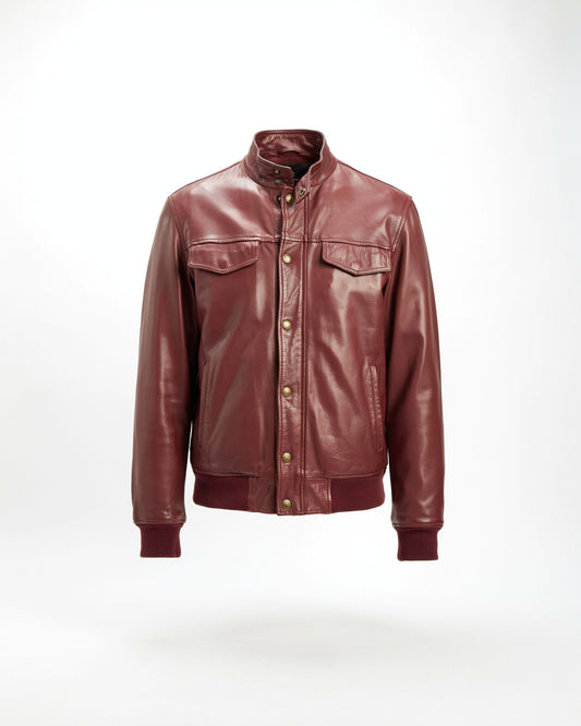Vintage Burgundy Leather Bomber Jacket